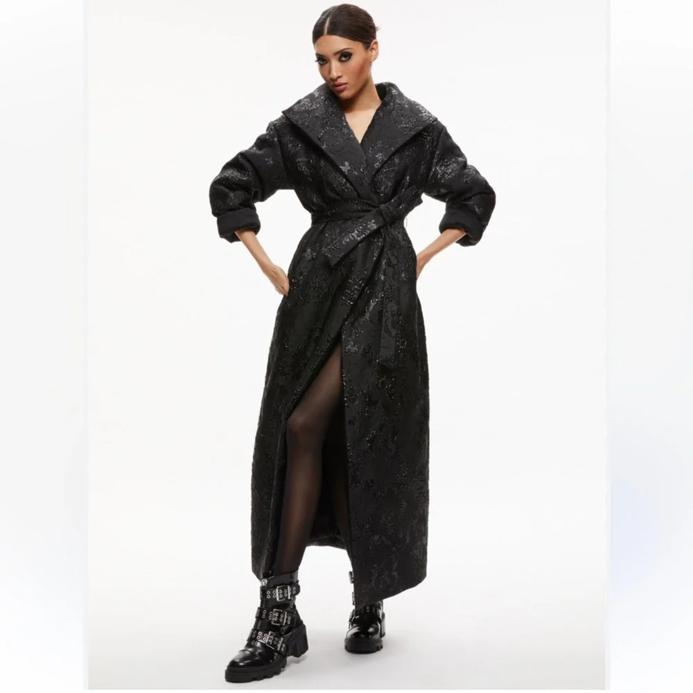 Alice + Olivia Ima Duvet Maxi Puffer Coat Black Metallic Jacquard XS
